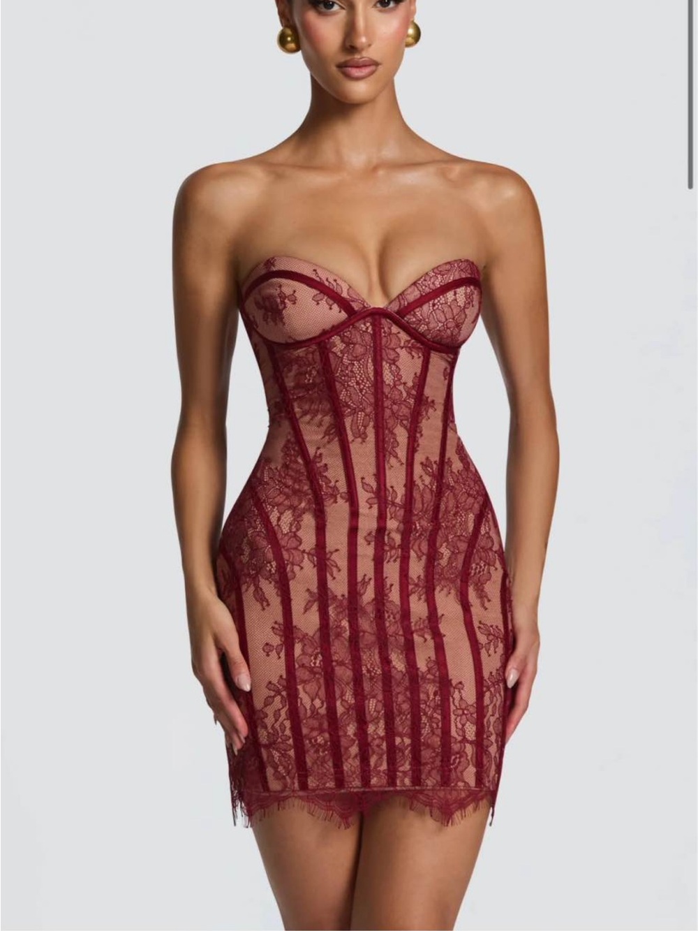 Strapless Burgundy Lace Corset Bodycon Dress